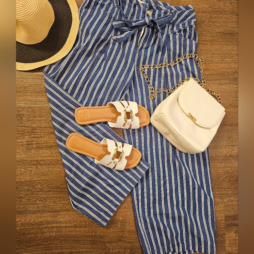 Wide Pants Cotton Blue & White Stripes Spring Staple Size 6